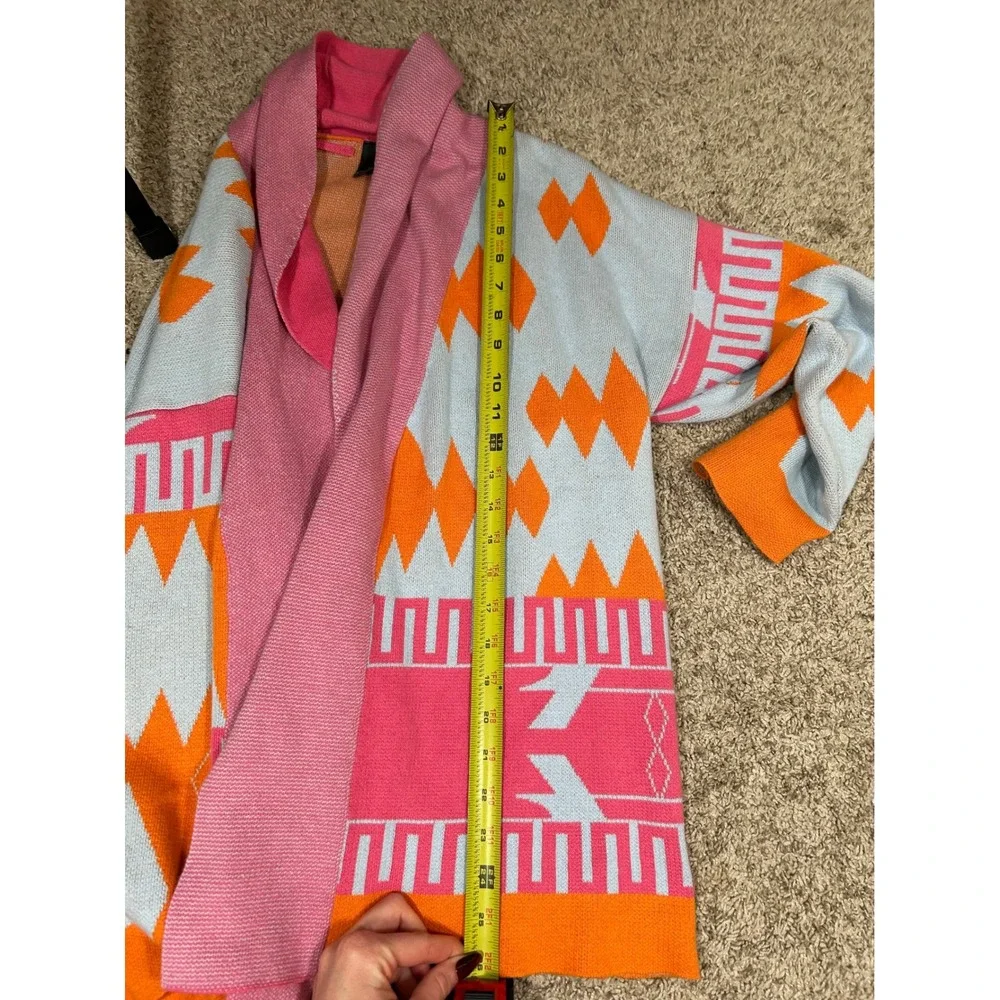 Shannon Passero Open Front Cardigan Sweater Aztec Geometric Pink Orange Blue S/M
